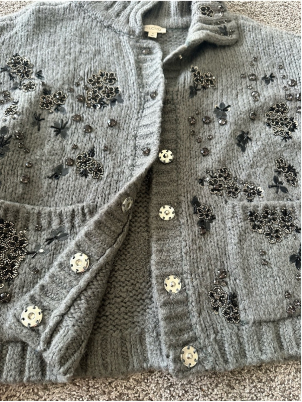 Pilcro Embellished Floral Collared Cardigan Sweater Grey Medium Anthropologie - Picture 6 of 14